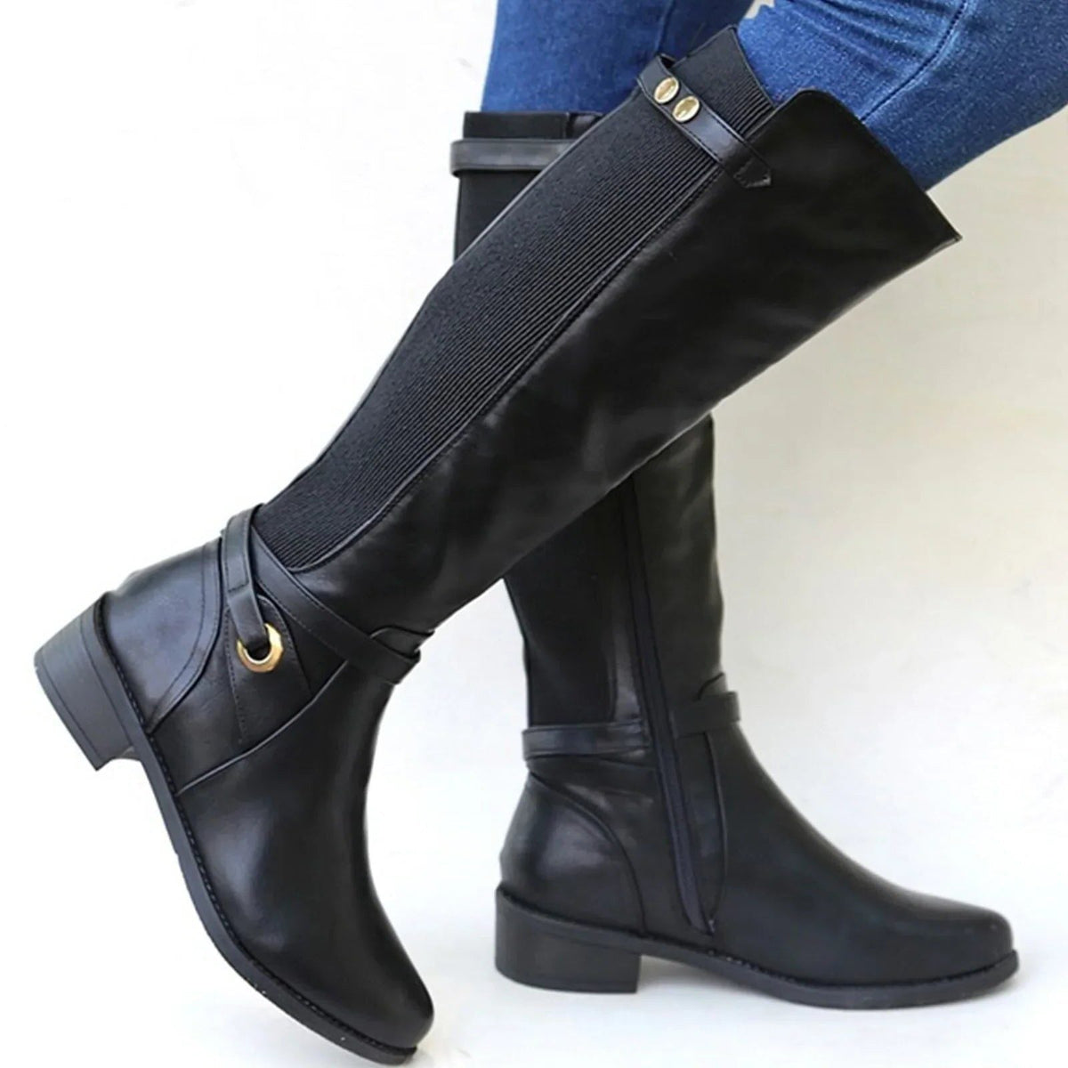 Sundari | Knee-High Block Heel Elastic Calf Leather Boots for Women