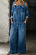 Surya | Relaxed Wide Leg Denim Jumpsuit with Cold Shoulder for Women