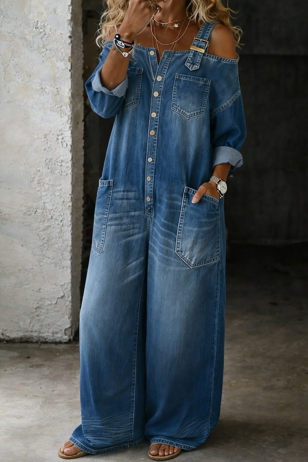 Surya | Relaxed Wide Leg Denim Jumpsuit with Cold Shoulder for Women