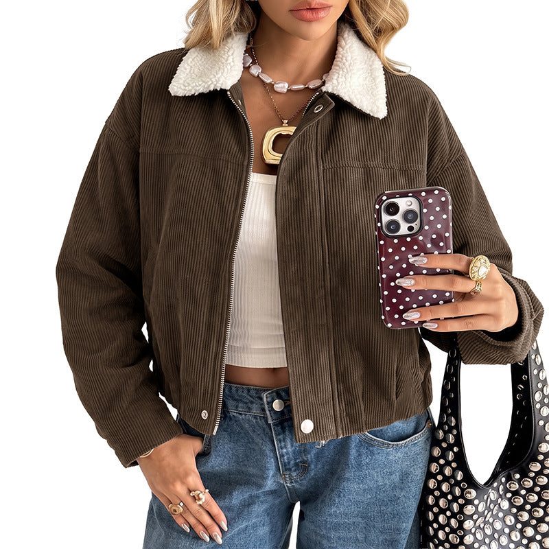 Tegan | Cropped Corduroy Jacket with Fleece Collar for Women
