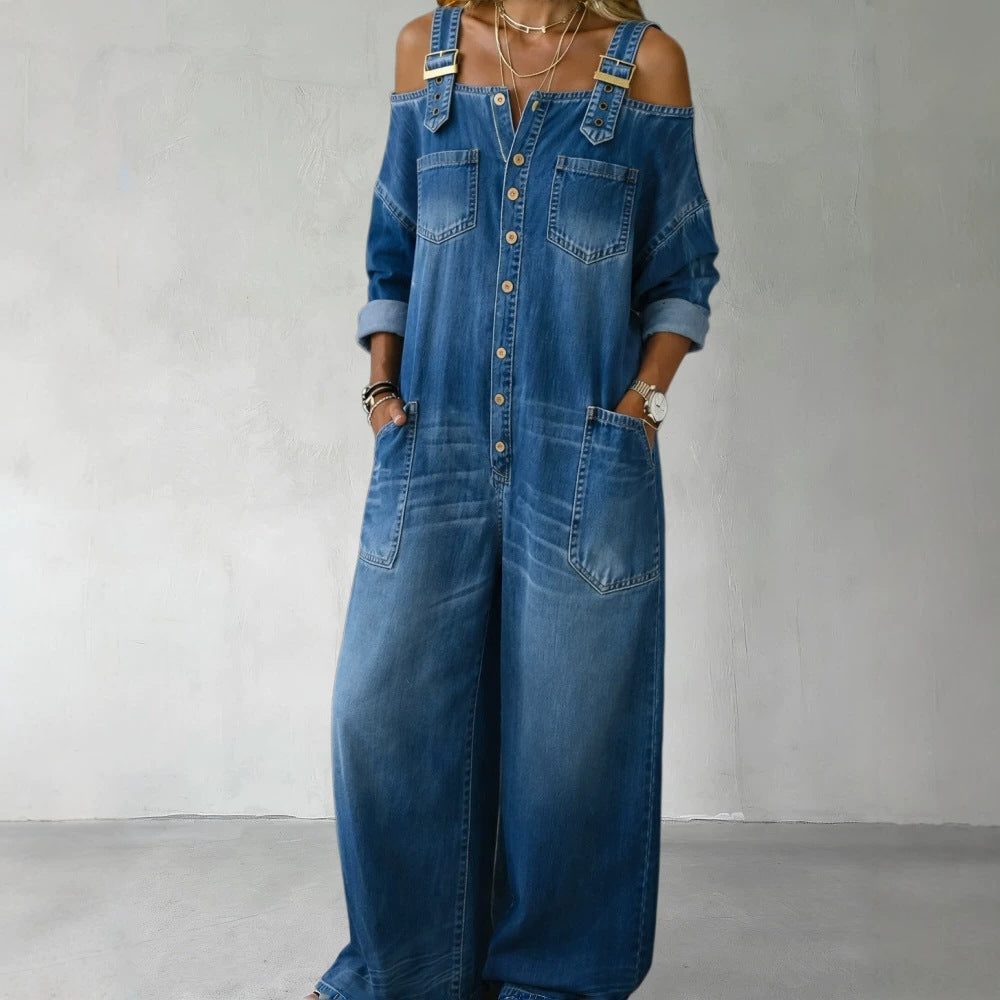 Tiana | Cold-Shoulder Button-Down Denim Jumpsuit for Women