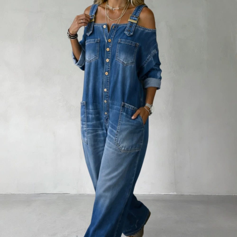 Tiana | Cold-Shoulder Button-Down Denim Jumpsuit for Women