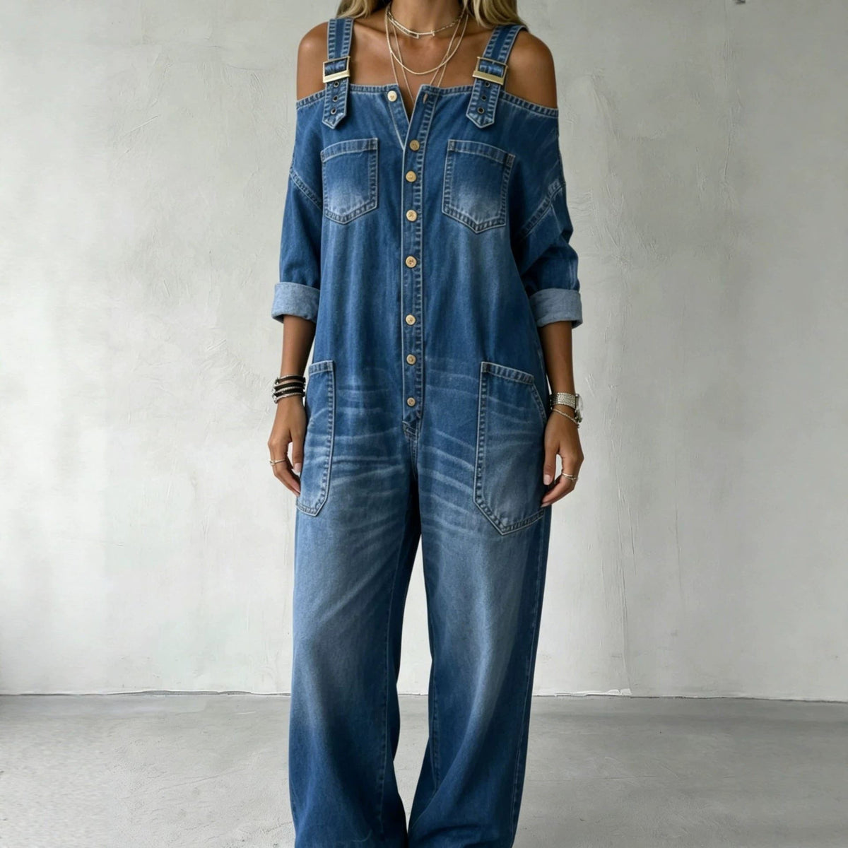 Tiana | Cold-Shoulder Button-Down Denim Jumpsuit for Women
