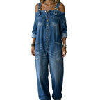 Tiana | Cold-Shoulder Button-Down Denim Jumpsuit for Women