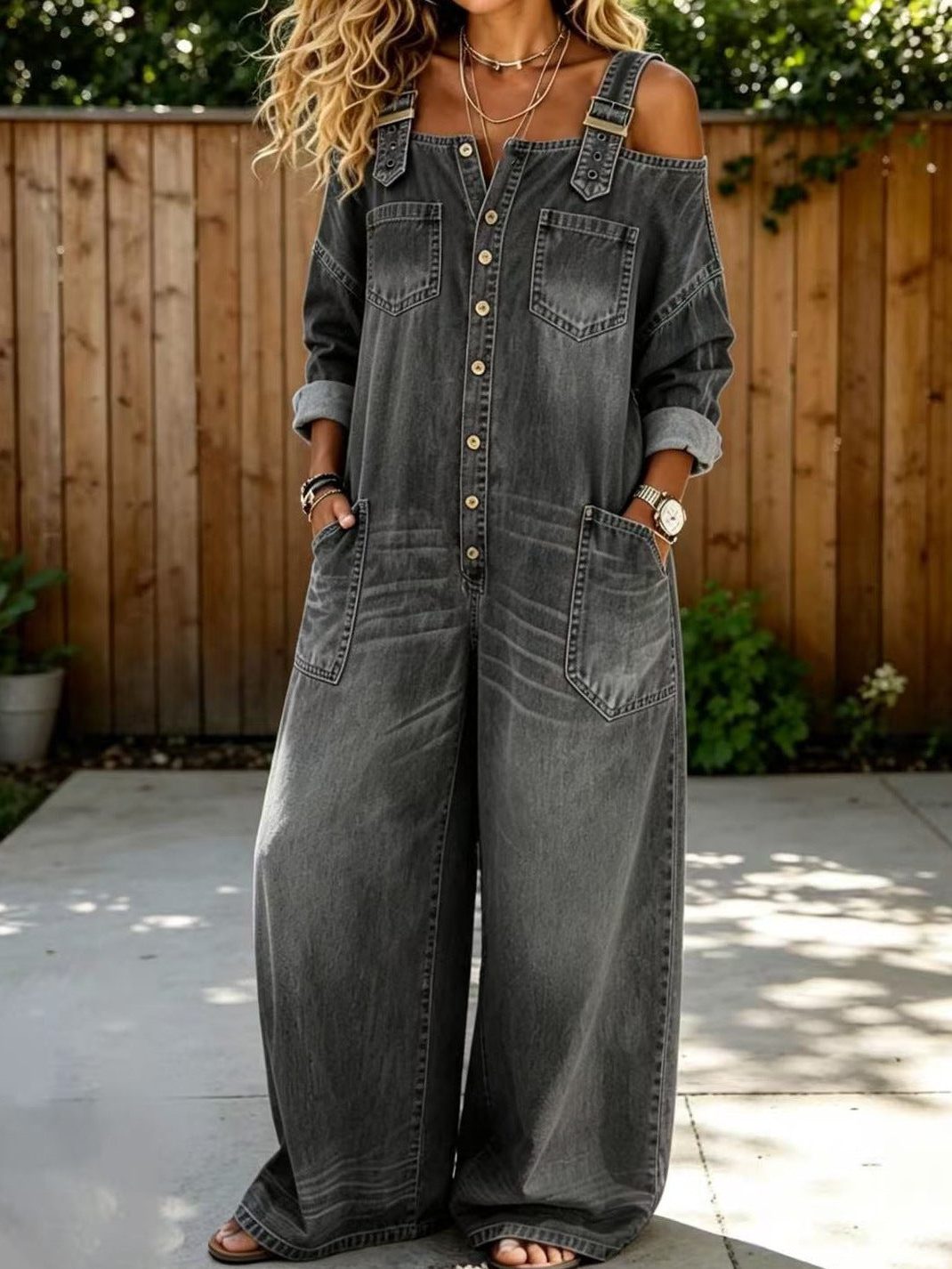 Tiana | Cold-Shoulder Button-Down Denim Jumpsuit for Women