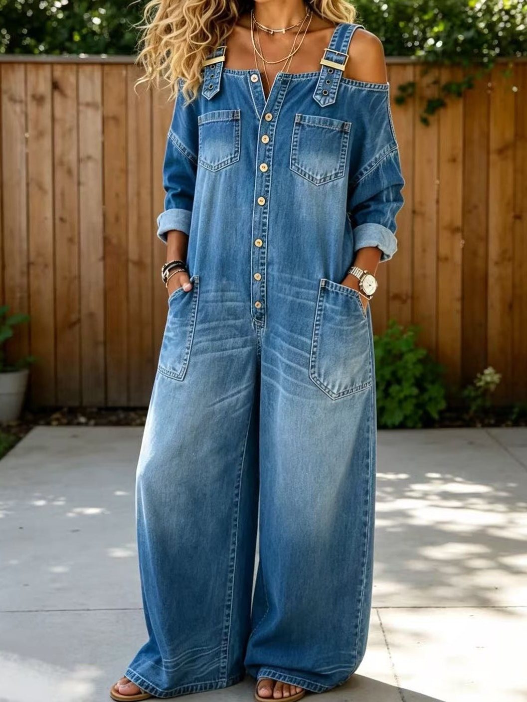 Tiana | Cold-Shoulder Button-Down Denim Jumpsuit for Women