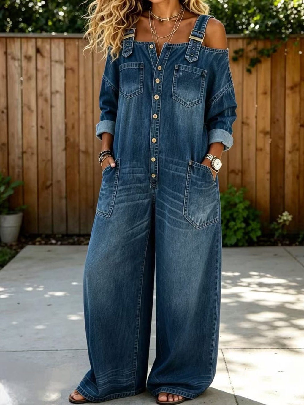 Tiana | Cold-Shoulder Button-Down Denim Jumpsuit for Women
