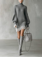 Uma | Ribbed Knit Turtleneck Mini Dress with Lace Hem for Women