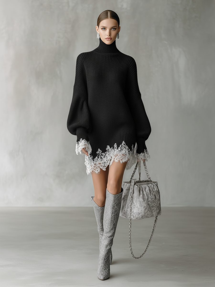 Uma | Ribbed Knit Turtleneck Mini Dress with Lace Hem for Women