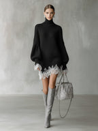 Uma | Ribbed Knit Turtleneck Mini Dress with Lace Hem for Women