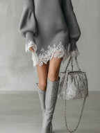 Uma | Ribbed Knit Turtleneck Mini Dress with Lace Hem for Women