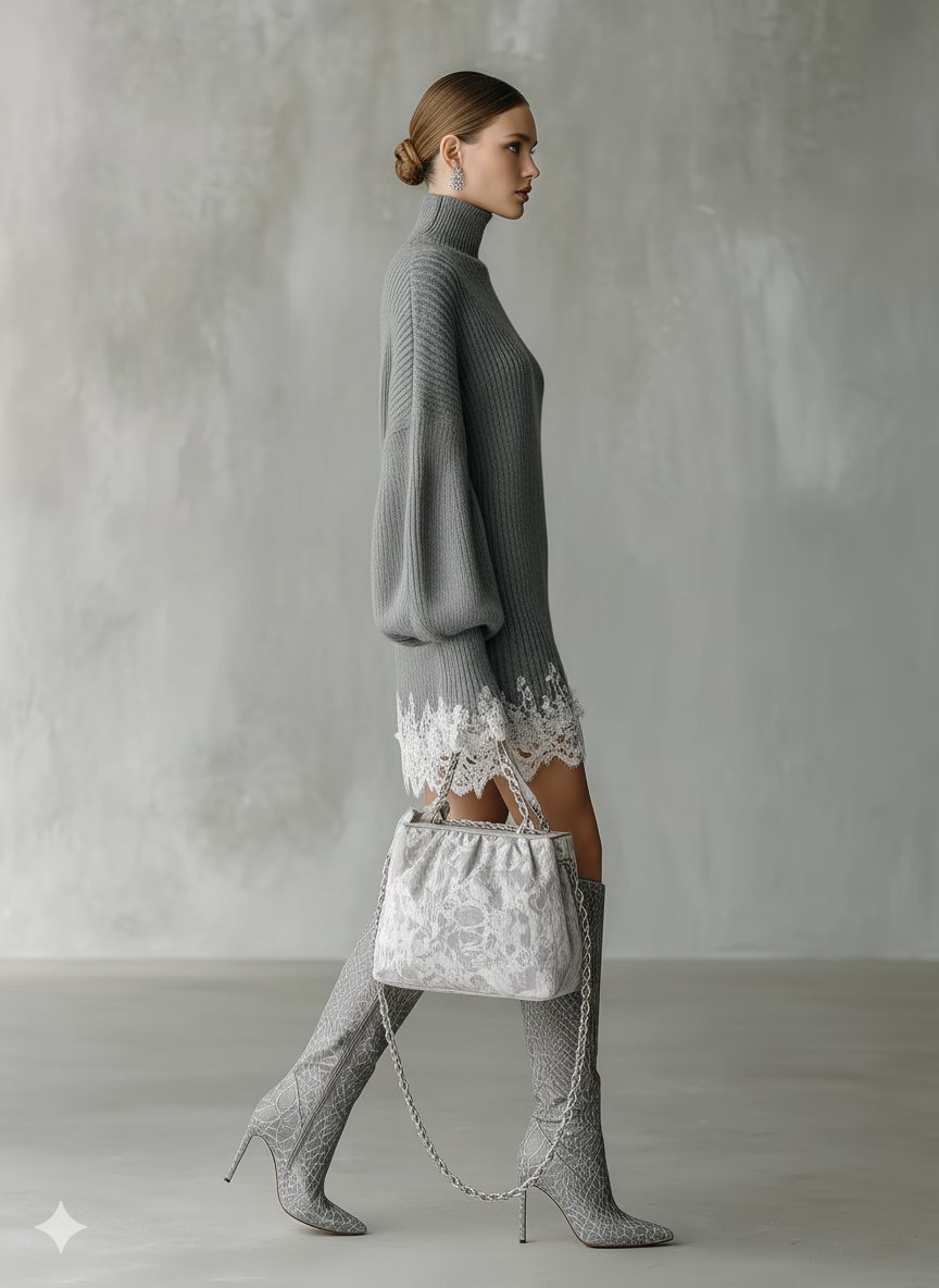 Uma | Ribbed Knit Turtleneck Mini Dress with Lace Hem for Women