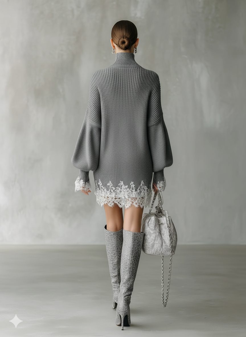 Uma | Ribbed Knit Turtleneck Mini Dress with Lace Hem for Women