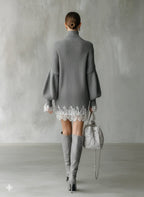 Uma | Ribbed Knit Turtleneck Mini Dress with Lace Hem for Women