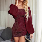 Vesna | Glitter Sequin Mini Dress with Balloon Sleeves for Women
