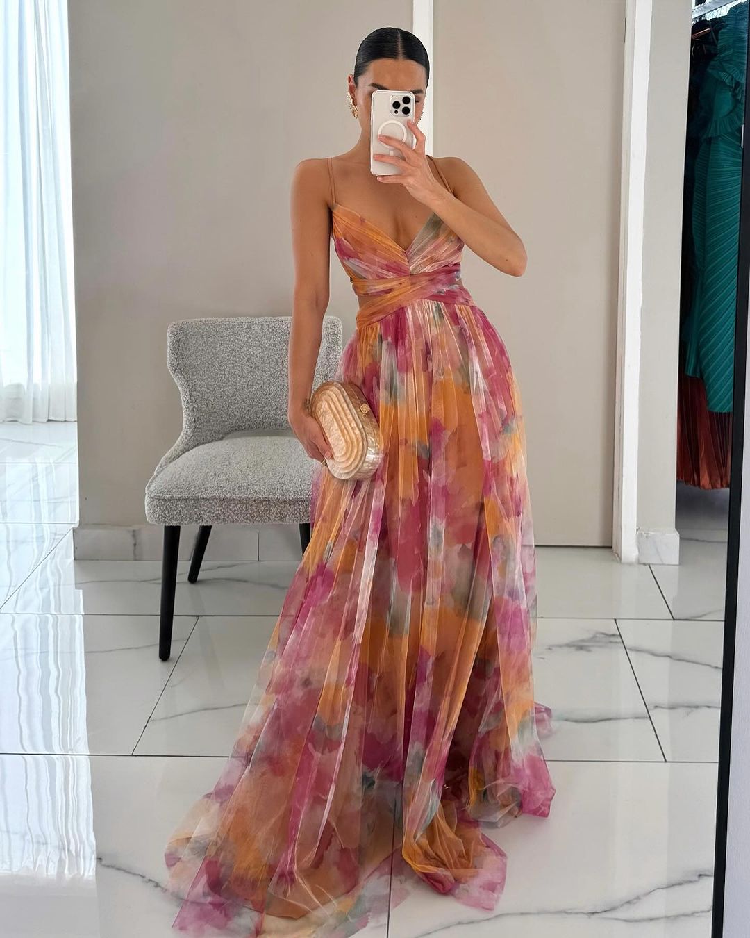 Pleated Maxi Dress with V-Neck and Spaghetti Straps for Women