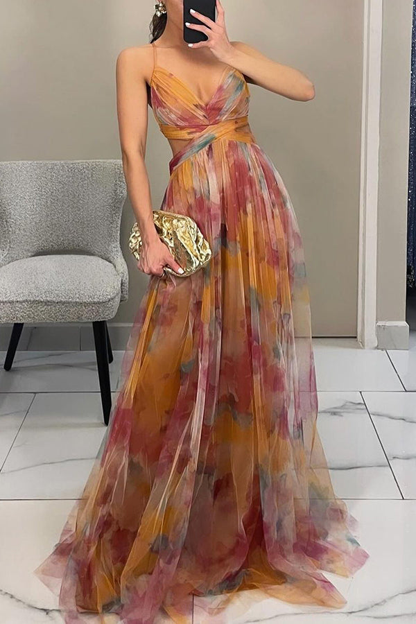Pleated Maxi Dress with V-Neck and Spaghetti Straps for Women