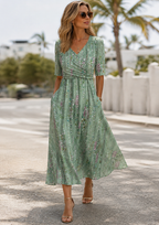 April | V-Neck Floral Midi Dress with Short Sleeves for Women