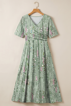 April | V-Neck Floral Midi Dress with Short Sleeves for Women