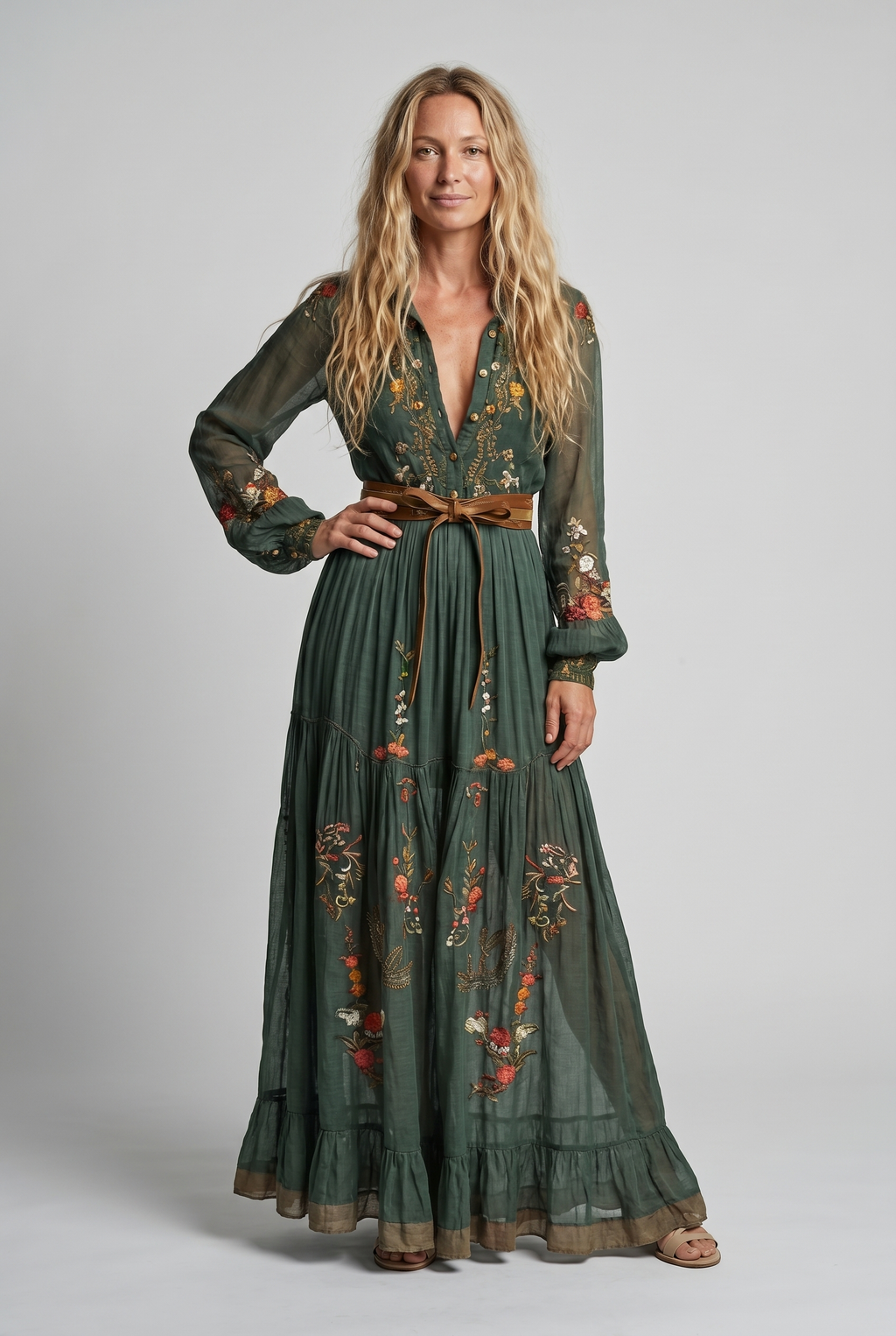 Tania | Embroidered Maxi Dress with V-Neck for Women