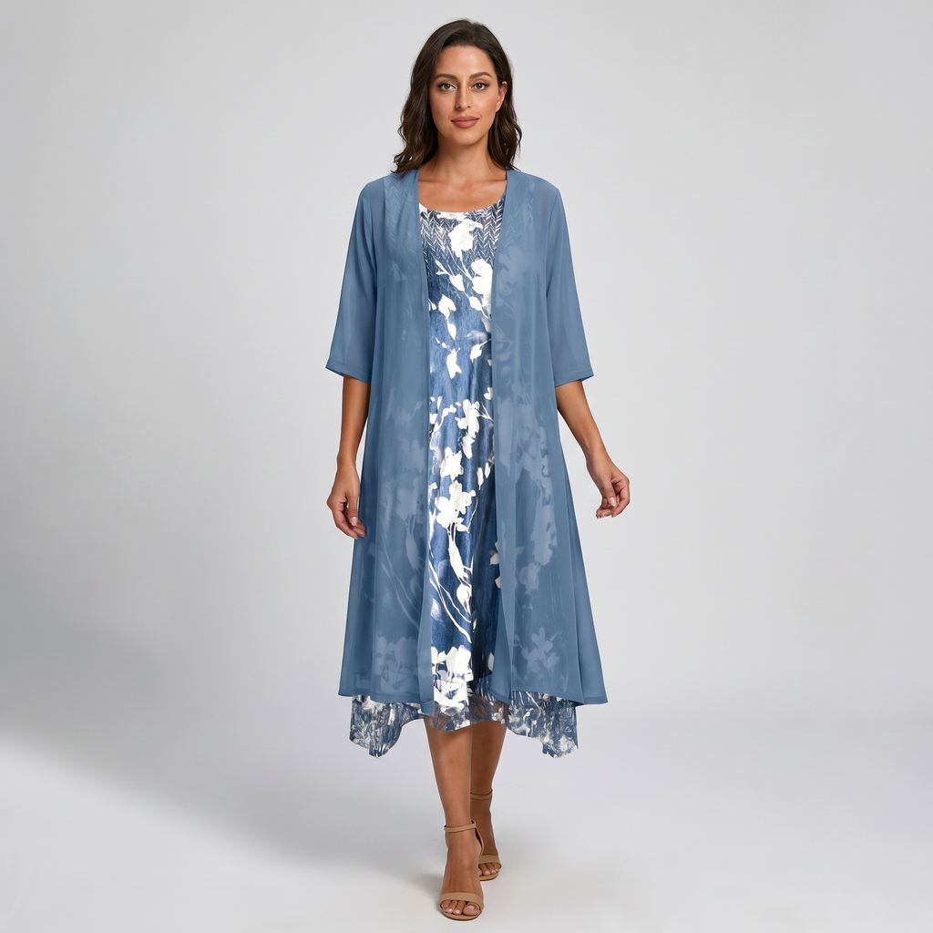 Eloïse | Floral Print Midi Dress with Layered Cardigan for Women