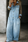 Zara | Leopard Print Denim Jumpsuit with Long Sleeves for Women