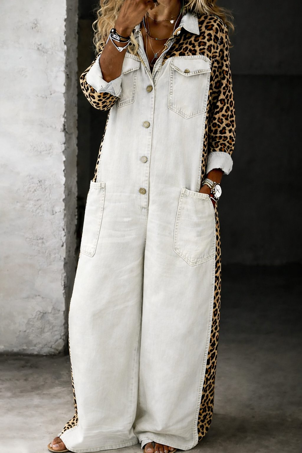 Zara | Leopard Print Denim Jumpsuit with Long Sleeves for Women