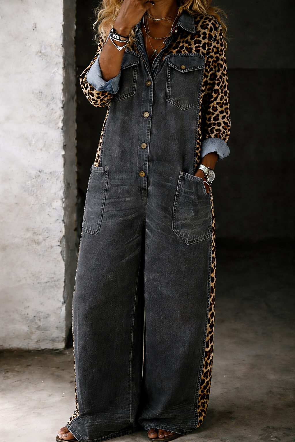 Zara | Leopard Print Denim Jumpsuit with Long Sleeves for Women
