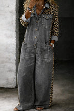 Zara | Leopard Print Denim Jumpsuit with Long Sleeves for Women