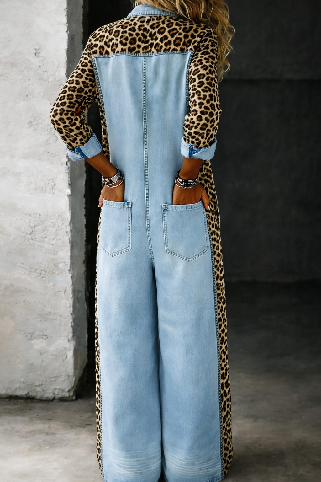 Zara | Leopard Print Denim Jumpsuit with Long Sleeves for Women