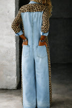 Zara | Leopard Print Denim Jumpsuit with Long Sleeves for Women
